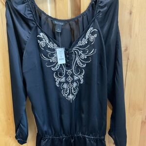 White House Black Market Black Blouse with White Embroidery